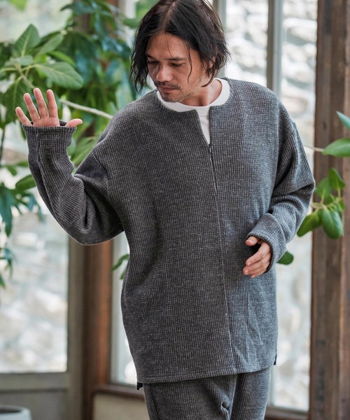 ウッチー出品 mlt5428-Big Waffle Knit saw Zipper Henley Neck Pullover
