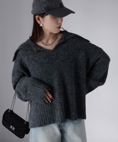 Riberry(リベリー)の「セーラーカラーニット(ニット/セーター・レディース・アイボリー/オリーブ/チャコールグレー・MEDIUM)」の3枚目の写真