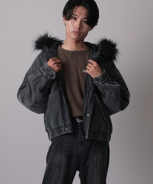 SlashDate（スラッシュデイト）の「【82】2WAY ヴィンテージライク デニム ファーフード ブルゾン（ブルゾン・メンズ・ブルー/ブラック・M/L）」の12枚目の写真