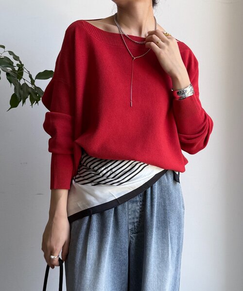 DouDou（ドゥドゥ）の「ボートネックプルオーバー（ニット/セーター・レディース・グレイッシュベージュ/ブラック/グレー/レッド/ブラウン/ピンク/オフホワイト/ネイビー・FREE）」の8枚目の写真