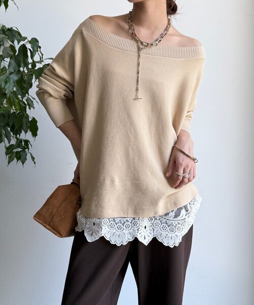 DouDou（ドゥドゥ）の「ボートネックプルオーバー（ニット/セーター・レディース・グレイッシュベージュ/ブラック/グレー/レッド/ブラウン/ピンク/オフホワイト/ネイビー・FREE）」の5枚目の写真