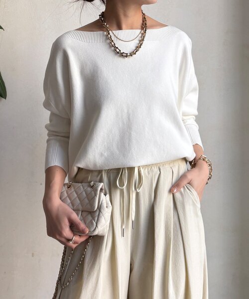 DouDou（ドゥドゥ）の「ボートネックプルオーバー（ニット/セーター・レディース・グレイッシュベージュ/ブラック/グレー/レッド/ブラウン/ピンク/オフホワイト/ネイビー・FREE）」の15枚目の写真