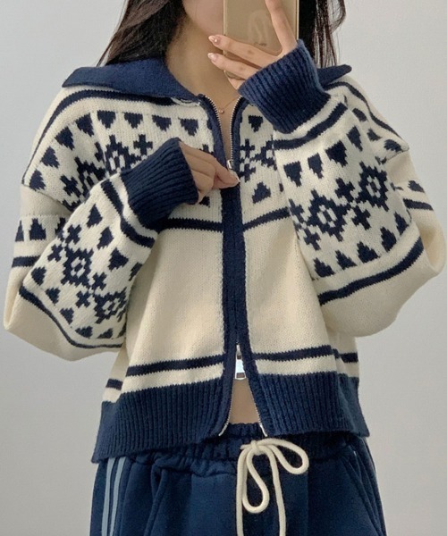 セール】ノルディック柄 Wジップニットブルゾン（ニット