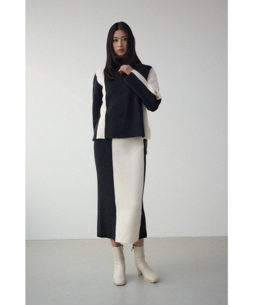 AZUL by moussy(アズールバイマウジー)の「【セットアップ対応】バイカラーIラインニットスカート 秋服 冬服 ロングスカート【身長/骨格別着用画像あり】(スカート・レディース・モカ/グレー/ブラック・FREE)」の5枚目の写真