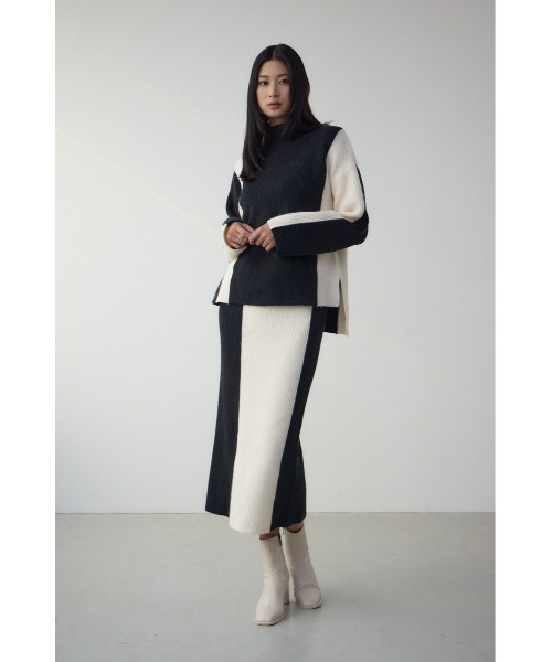 AZUL by moussy(アズールバイマウジー)の「【セットアップ対応】バイカラーIラインニットスカート 秋服 冬服 ロングスカート【身長/骨格別着用画像あり】(スカート・レディース・モカ/グレー/ブラック・FREE)」の6枚目の写真