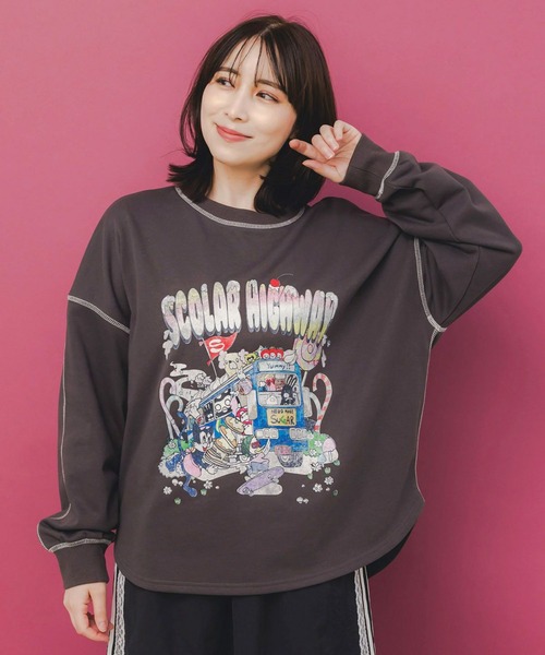 ScoLar(スカラー)の「ScoLar(スカラー) スカラーハイウェイ ヴィンテージ風プルオーバー(スウェット・レディース・ブラック/チャコールグレー/グレー・MEDIUM)」の1枚目の写真