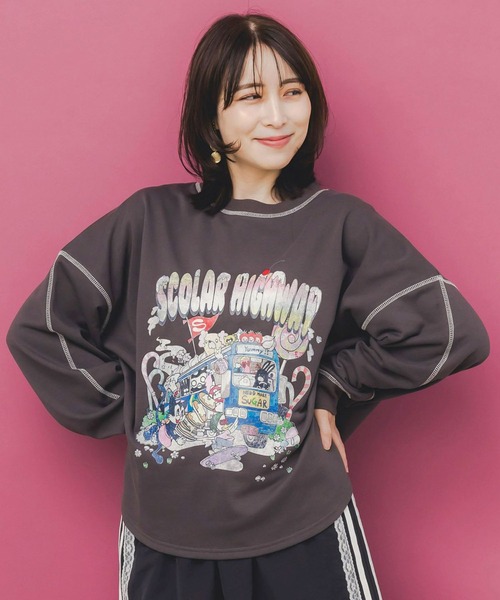 ScoLar(スカラー)の「ScoLar(スカラー) スカラーハイウェイ ヴィンテージ風プルオーバー(スウェット・レディース・ブラック/チャコールグレー/グレー・MEDIUM)」の5枚目の写真