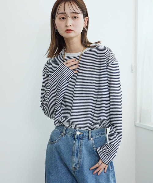 Bulue.（ブルー）の「【Bulue.】シアーボーダーロンT（Tシャツ/カットソー・レディース・ブラック/ネイビー/グリーン・FREE）」の3枚目の写真