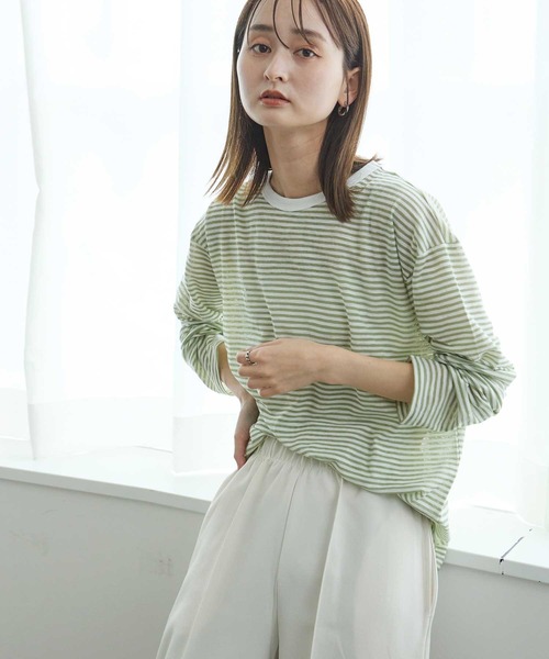 Bulue.（ブルー）の「【Bulue.】シアーボーダーロンT（Tシャツ/カットソー・レディース・ブラック/ネイビー/グリーン・FREE）」の13枚目の写真