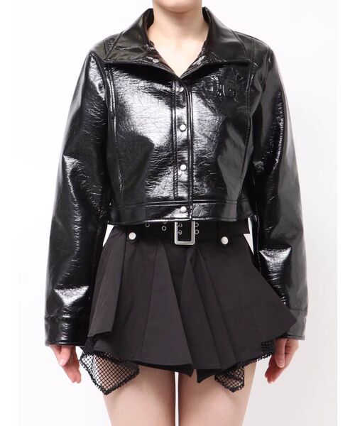 GYDA（ジェイダ）の「Symmetry GYDA EMBOSSパテントフェイクレザーショートジャケット（ライダースジャケット・レディース・ブラック/オフホワイト・FREE）」の14枚目の写真