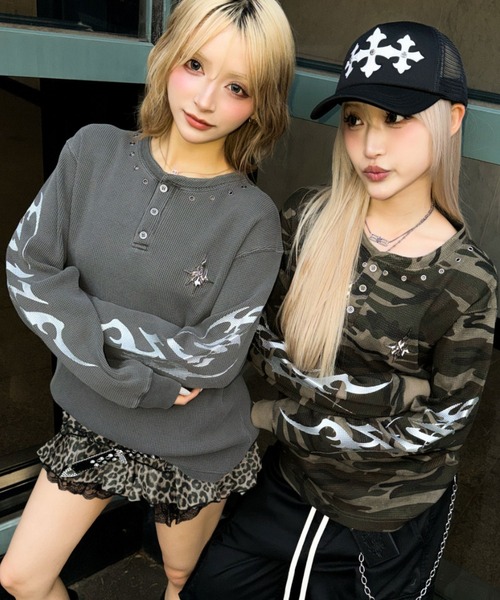 A‘gem 9(エージェムナイン)の「A'GEM/9 × .kom 『A'GEM/9/エージェムナイン』 ビンテージサーマルヘンリーロングスリーブ(Tシャツ/カットソー・レディース・カモフラージュ/グレー・FREE)」の4枚目の写真