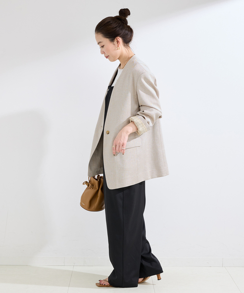 B.C STOCK（ベーセーストック）の「手洗い可 / リネンライクC/LESSジャケット（ノーカラージャケット・レディース・アイボリー/カーキ・FREE）」の4枚目の写真
