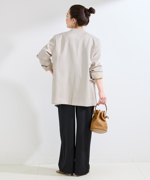 B.C STOCK（ベーセーストック）の「手洗い可 / リネンライクC/LESSジャケット（ノーカラージャケット・レディース・アイボリー/カーキ・FREE）」の5枚目の写真
