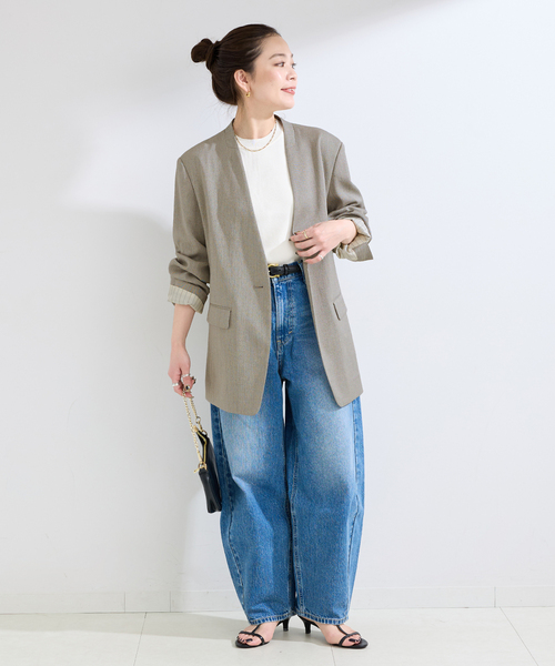 B.C STOCK（ベーセーストック）の「手洗い可 / リネンライクC/LESSジャケット（ノーカラージャケット・レディース・アイボリー/カーキ・FREE）」の9枚目の写真