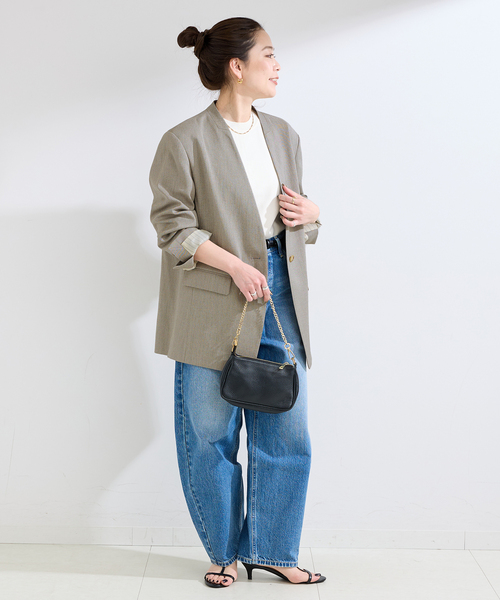 B.C STOCK（ベーセーストック）の「手洗い可 / リネンライクC/LESSジャケット（ノーカラージャケット・レディース・アイボリー/カーキ・FREE）」の10枚目の写真