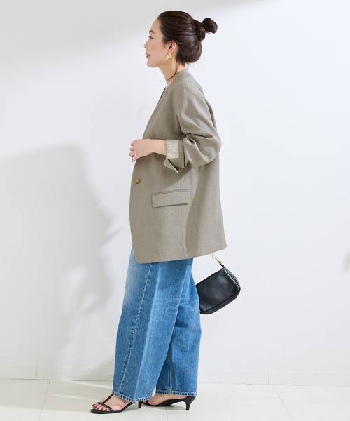 B.C STOCK（ベーセーストック）の「手洗い可 / リネンライクC/LESSジャケット（ノーカラージャケット・レディース・アイボリー/カーキ・FREE）」の11枚目の写真