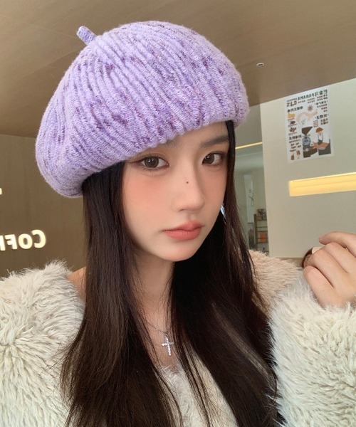 紫色リブデザインベレー帽 紫色リブデザインベレー帽 紫色リブデザインベレー帽