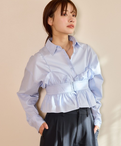 mysty woman（ミスティウーマン）の「ビスチェSETレギュラーシャツLS　659799（シャツ/ブラウス・レディース・オフホワイト/ブラック/ブルー・FREE）」の5枚目の写真