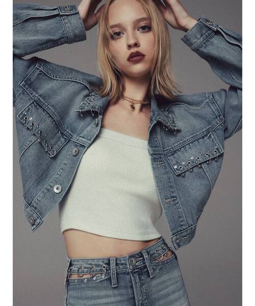 GYDA（ジェイダ）の「ring bijou studsデザインデニムショートGジャン（デニムジャケット・レディース・ライトブルー/ブルー・FREE）」の16枚目の写真
