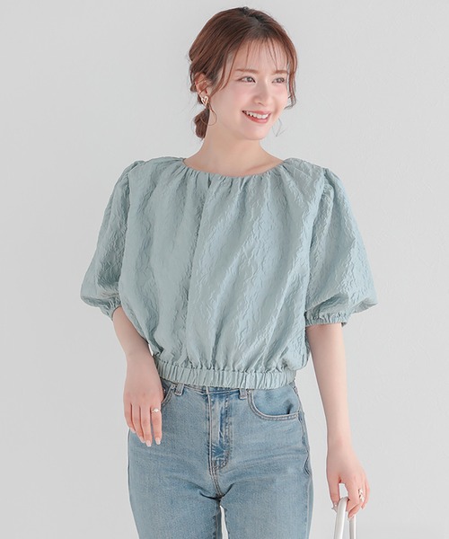 Fit more(フィットモア)の「バックリボンショート丈ジャガードトップス(その他トップス・レディース・ブルー/ホワイト・FREE)」の8枚目の写真