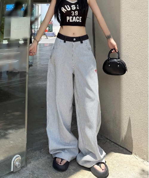 Vipoa(ヴィポア)の「レイヤード風ボーダーワイドデニム(デニムパンツ・レディース・ブラック系その他・MEDIUM/LARGE)」の10枚目の写真
