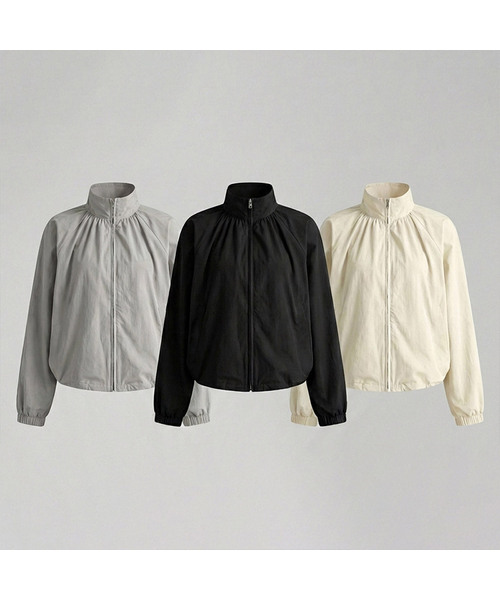 VASCARA(バスカラ)の「Dana High Neck Shirring Zip-Up Jumper (3Colors)(ナイロンジャケット・レディース・クリーム/グレー/ブラック・FREE)」の3枚目の写真