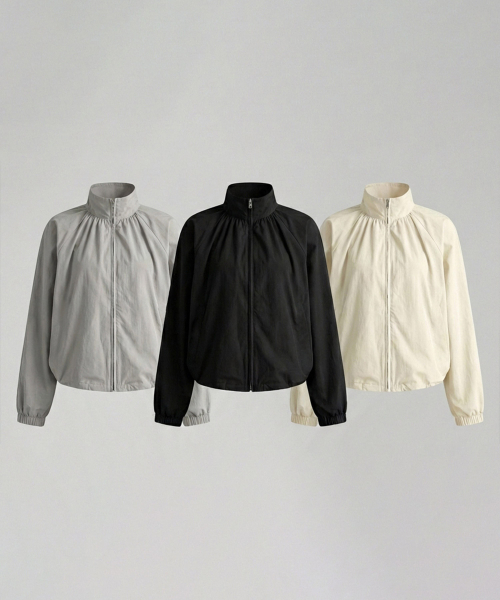 VASCARA(バスカラ)の「Dana High Neck Shirring Zip-Up Jumper (3Colors)(ナイロンジャケット・レディース・クリーム/グレー/ブラック・FREE)」の4枚目の写真