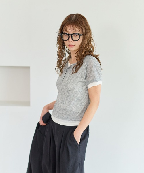 BAYFLOW(ベイフロー)の「レイヤードライクヘンリー半袖Tシャツ(Tシャツ/カットソー・レディース・グレー/イエロー/ブラウン・FREE)」の6枚目の写真