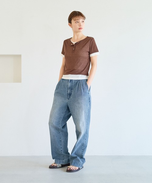 BAYFLOW(ベイフロー)の「レイヤードライクヘンリー半袖Tシャツ(Tシャツ/カットソー・レディース・グレー/イエロー/ブラウン・FREE)」の9枚目の写真
