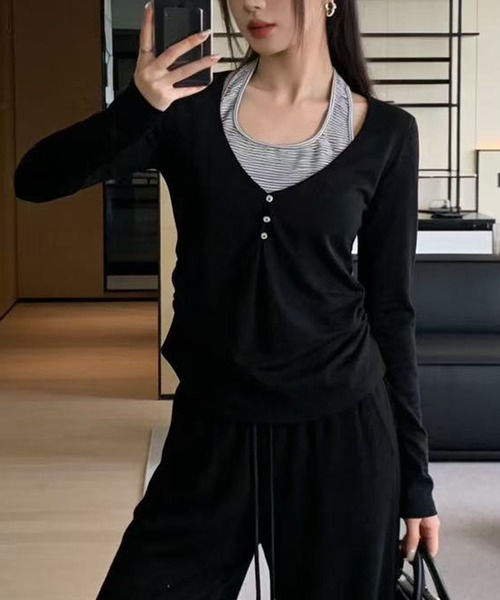MEMECLE(メメクル)の「【 MEMECLE / メメクル 】レイヤード風ホルターネックトップス(Tシャツ/カットソー・レディース・グレー/ホワイト/ライトベージュ/ブラック/チャコールグレー・FREE)」の11枚目の写真