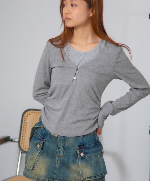 MEMECLE(メメクル)の「【 MEMECLE / メメクル 】レイヤード風ホルターネックトップス(Tシャツ/カットソー・レディース・グレー/ホワイト/ライトベージュ/ブラック/チャコールグレー・FREE)」の13枚目の写真