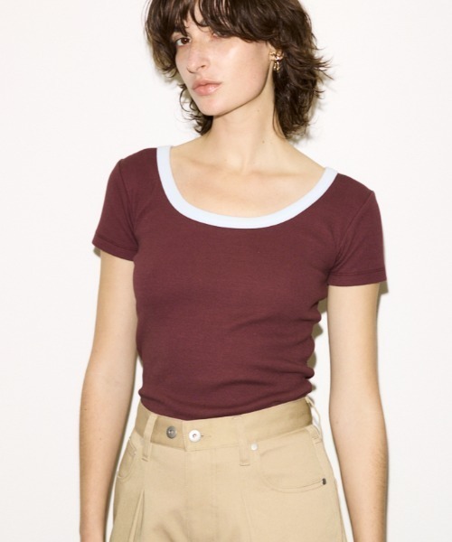 THROW by SLY(スローバイスライ)の「THROW RINGER T/SH リンガーティーシャツ 春服 夏服 半袖(Tシャツ/カットソー・レディース・ブラック/バーガンディー/ベージュ・FREE)」の3枚目の写真