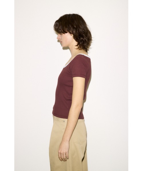 THROW by SLY(スローバイスライ)の「THROW RINGER T/SH リンガーティーシャツ 春服 夏服 半袖(Tシャツ/カットソー・レディース・ブラック/バーガンディー/ベージュ・FREE)」の4枚目の写真