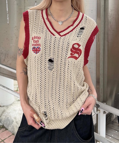 sedacle(セダクル)の「ユニオンダメージニットトップス(タンクトップ・メンズ・ブラック/ベージュ・MEDIUM/SMALL/LARGE)」の1枚目の写真