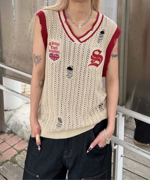 sedacle(セダクル)の「ユニオンダメージニットトップス(タンクトップ・メンズ・ブラック/ベージュ・MEDIUM/SMALL/LARGE)」の10枚目の写真