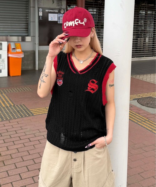 sedacle(セダクル)の「ユニオンダメージニットトップス(タンクトップ・メンズ・ブラック/ベージュ・MEDIUM/SMALL/LARGE)」の3枚目の写真