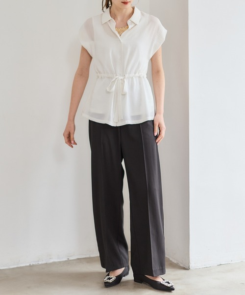 12Twelve Agenda（トゥエルブ　アジェンダ）の「NANOTEXサッシュ付フレンチスリーブシャツ（シャツ/ブラウス・レディース・ネイビー/オフホワイト/イエロー・M）」の19枚目の写真
