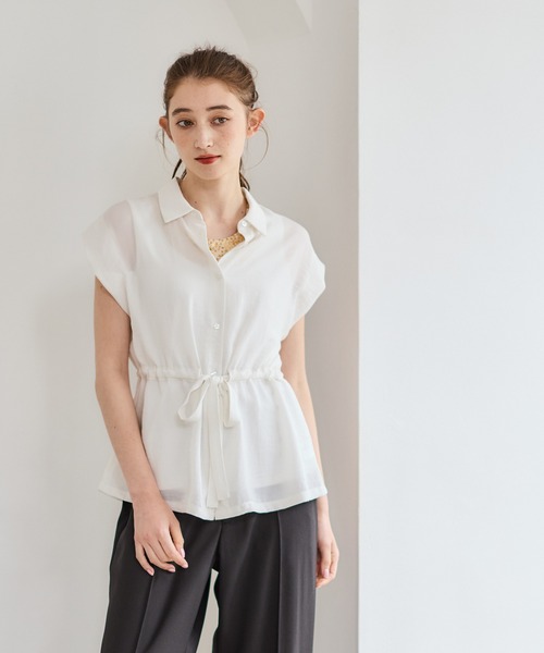12Twelve Agenda（トゥエルブ　アジェンダ）の「NANOTEXサッシュ付フレンチスリーブシャツ（シャツ/ブラウス・レディース・ネイビー/オフホワイト/イエロー・M）」の12枚目の写真