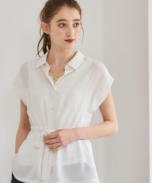12Twelve Agenda（トゥエルブ　アジェンダ）の「NANOTEXサッシュ付フレンチスリーブシャツ（シャツ/ブラウス・レディース・ネイビー/オフホワイト/イエロー・M）」の10枚目の写真