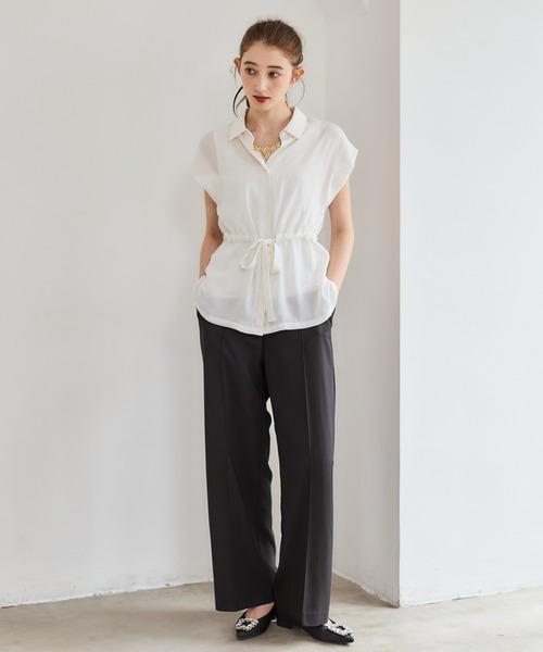 12Twelve Agenda（トゥエルブ　アジェンダ）の「NANOTEXサッシュ付フレンチスリーブシャツ（シャツ/ブラウス・レディース・ネイビー/オフホワイト/イエロー・M）」の21枚目の写真