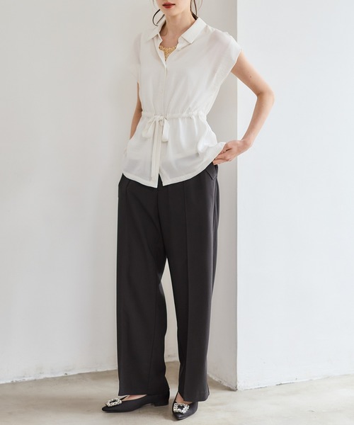 12Twelve Agenda（トゥエルブ　アジェンダ）の「NANOTEXサッシュ付フレンチスリーブシャツ（シャツ/ブラウス・レディース・ネイビー/オフホワイト/イエロー・M）」の20枚目の写真