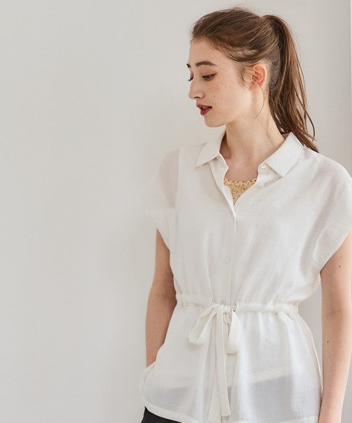 12Twelve Agenda（トゥエルブ　アジェンダ）の「NANOTEXサッシュ付フレンチスリーブシャツ（シャツ/ブラウス・レディース・ネイビー/オフホワイト/イエロー・M）」の9枚目の写真