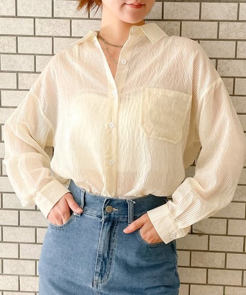 GORGE(ゴージ)の「ストライプシアーシャツ(シャツ/ブラウス・レディース・パープル/オフホワイト/カーキ/サックスブルー/オレンジ・F)」の2枚目の写真