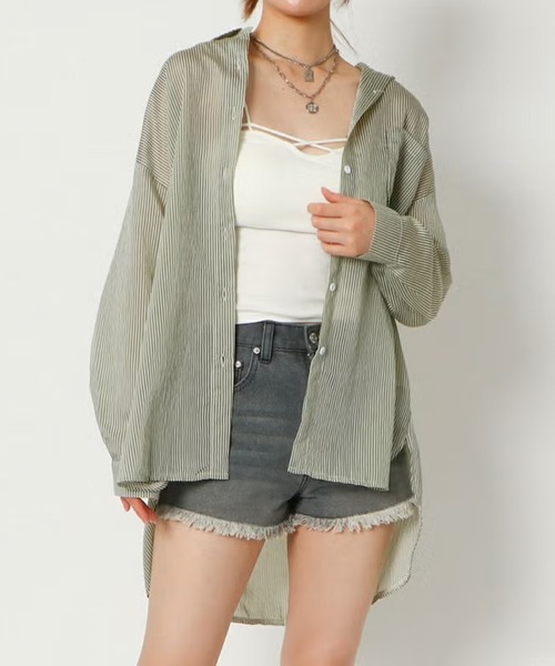 GORGE(ゴージ)の「ストライプシアーシャツ(シャツ/ブラウス・レディース・パープル/オフホワイト/カーキ/サックスブルー/オレンジ・F)」の3枚目の写真