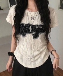 ロゴワッペン サイドギャザーダメージ加工コンパクトT