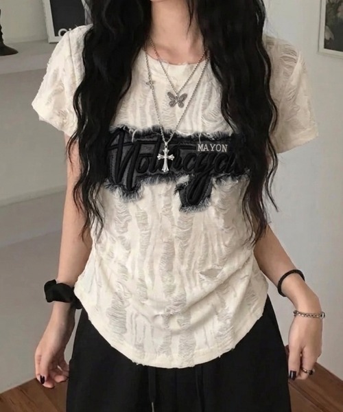 Teem Store(チームストア)の「ロゴワッペン サイドギャザーダメージ加工コンパクトT(Tシャツ/カットソー・レディース・ホワイト/ブラック/グレー・F)」の1枚目の写真