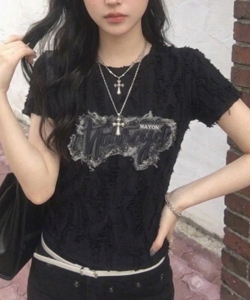 Teem Store(チームストア)の「ロゴワッペン サイドギャザーダメージ加工コンパクトT(Tシャツ/カットソー・レディース・ホワイト/ブラック/グレー・F)」の11枚目の写真