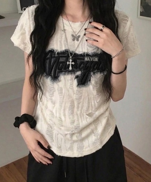 Teem Store(チームストア)の「ロゴワッペン サイドギャザーダメージ加工コンパクトT(Tシャツ/カットソー・レディース・ホワイト/ブラック/グレー・F)」の12枚目の写真