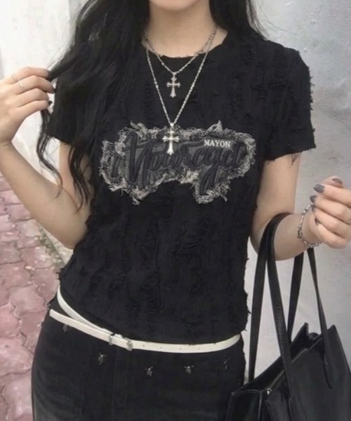 Teem Store(チームストア)の「ロゴワッペン サイドギャザーダメージ加工コンパクトT(Tシャツ/カットソー・レディース・ホワイト/ブラック/グレー・F)」の8枚目の写真