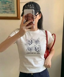 バタフライグラフィックコンパクト半袖チビTシャツ